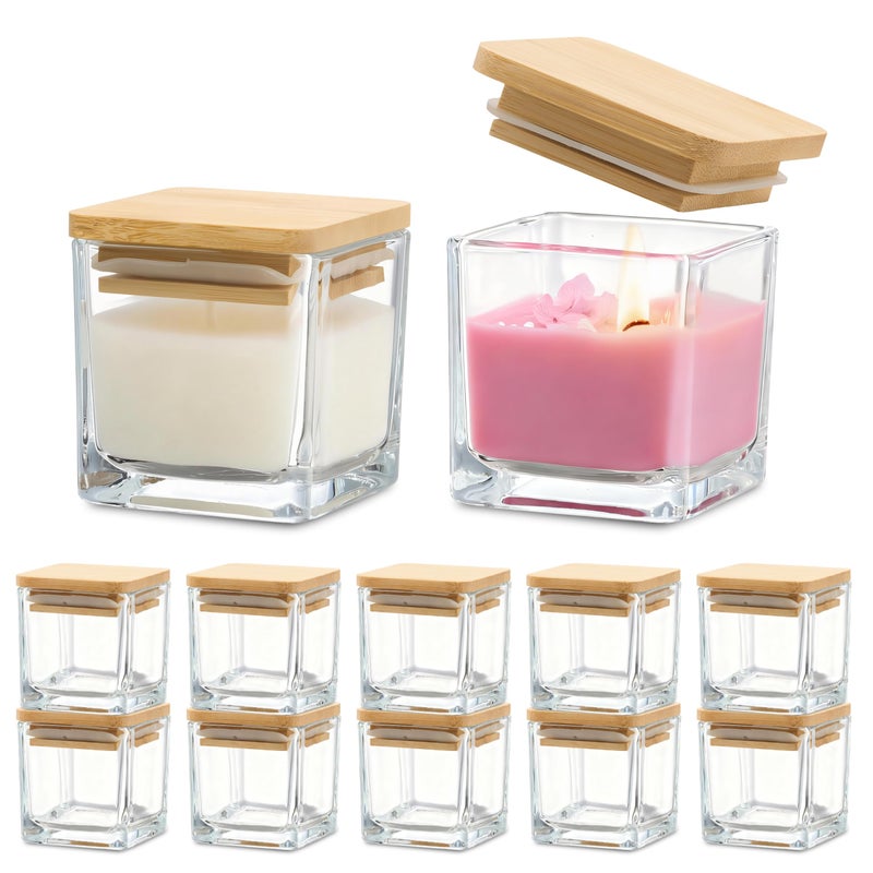 Danmu 4 oz Square Glass Jars with Bamboo Lids - Thick Bottom Clear Candle Making Jars, Empty Containers for DIY, Storage, Crafts, Wedding Favors 12 Pack - Image 1
