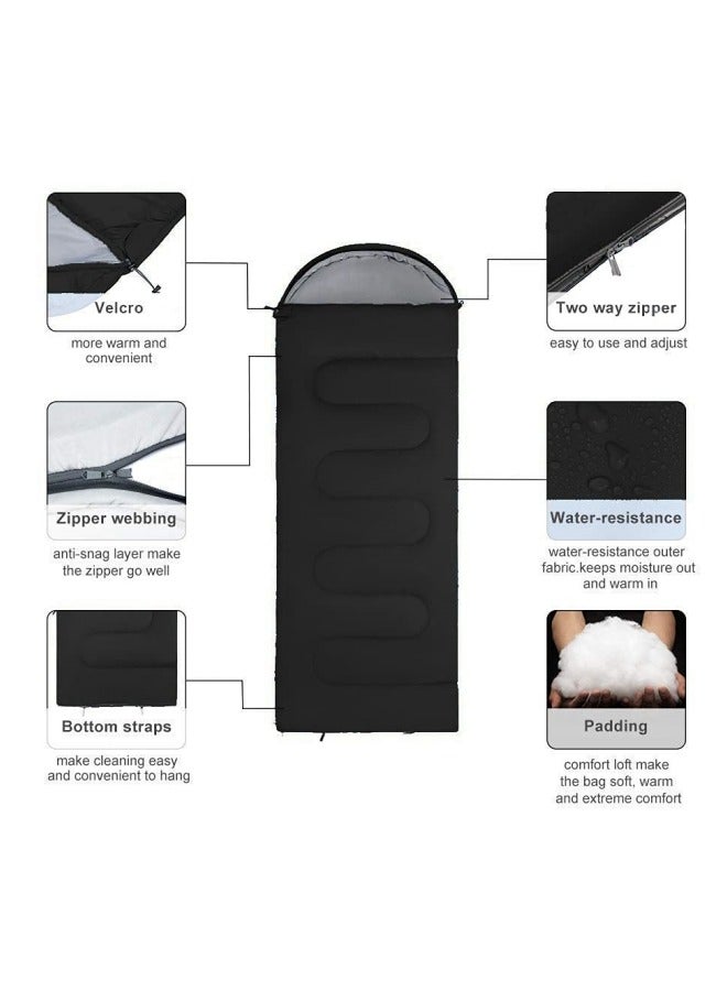 GGEROU أكياس نوم تخييم خفيفة الوزن مع حقيبة ضغط بتصميم سحاب مناسبة للطقس الدافئ والبارد مثالية للمشي والسفر والمغامرات الخارجية باللون الأسود - Image 4