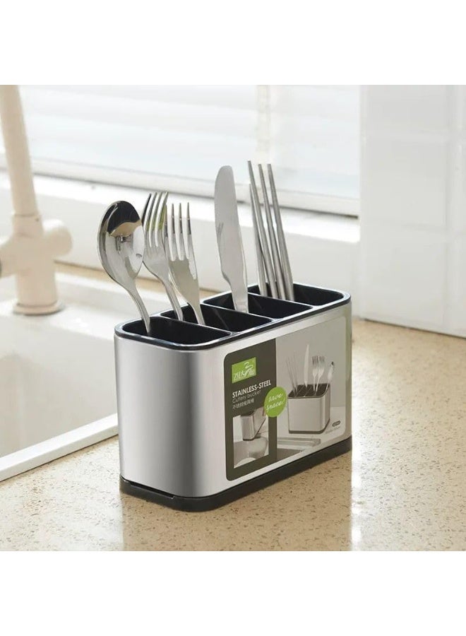 ستانلس ستيل حامل ادوات المطبخ مكون من 4 اقسام من الستانلس ستيل، سلة تصريف لادوات المائدة، حاوية لاواني المطبخ، حامل عصا غير قابل للانزلاق مع لوح تصريف، دلو تخزين لادوات المائدة والملاعق والشوكة والسكين - Image 4