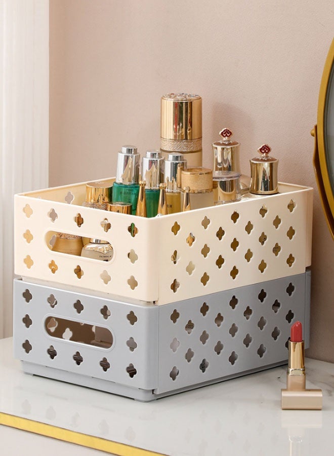 Hanayo Storage Baskets Set of 8 Plastic Foldable Storage Baskets Hollow Rectangular Storage Boxes with Handle Storage Bins for Office Bathroom Bedroom Home & Kitchen(Beige) - Image 4