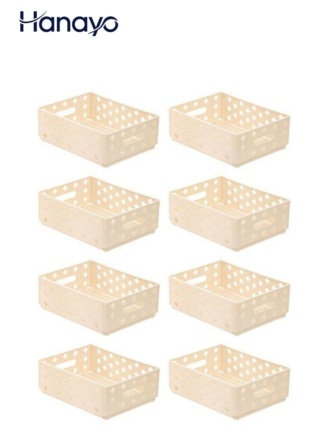 Hanayo Storage Baskets Set of 8 Plastic Foldable Storage Baskets Hollow Rectangular Storage Boxes with Handle Storage Bins for Office Bathroom Bedroom Home & Kitchen(Beige) - Image 1