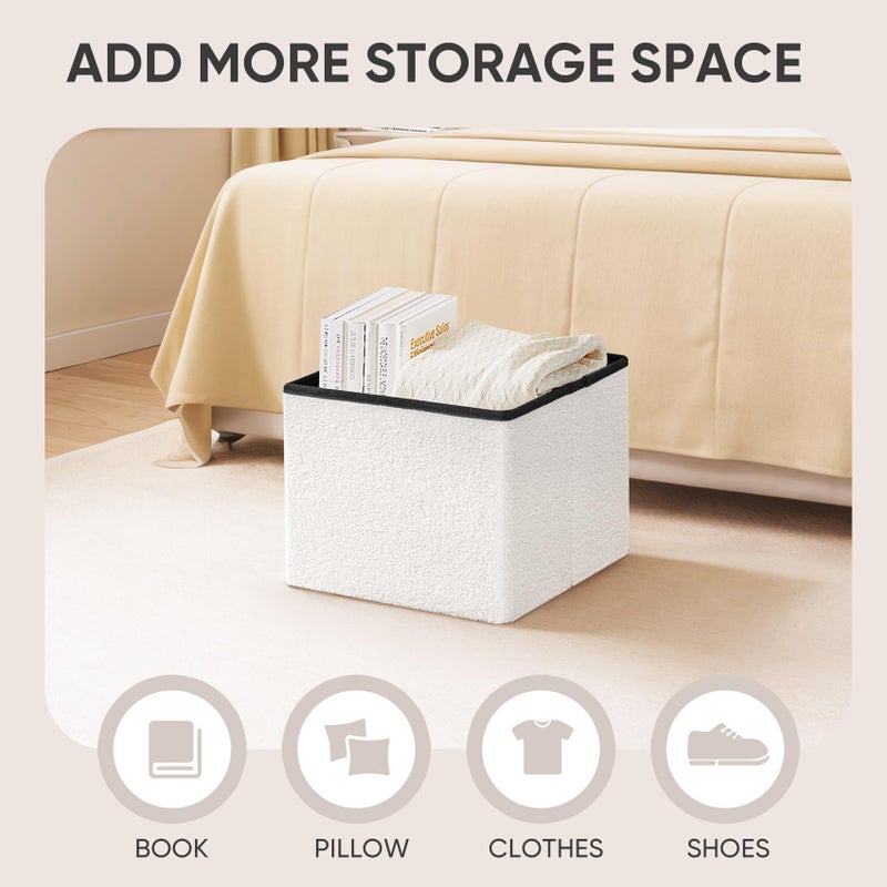 PINPLUS Storage Ottoman Cube Ottoman Foot Rest,Small Foldable Portable Boucle Upholstered Sherpa Ottomans, Faux Teddy Fur, White 16.5"x12.6"x12.6" - Image 3