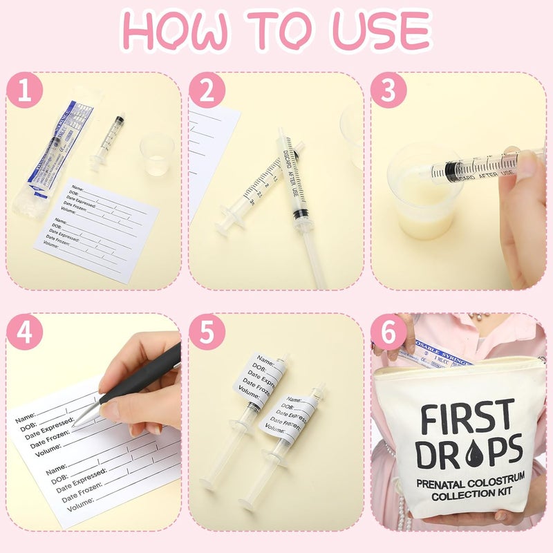 Geiserailie 100 Set Colostrum Collector Kit Include 100 1ml 3ml Sterile Sealed Breast Milk Collector No Needle Colostrum Syringes 100 Stickers 1 Measuring Cup Collection 1 White Canvas Bag - Image 4