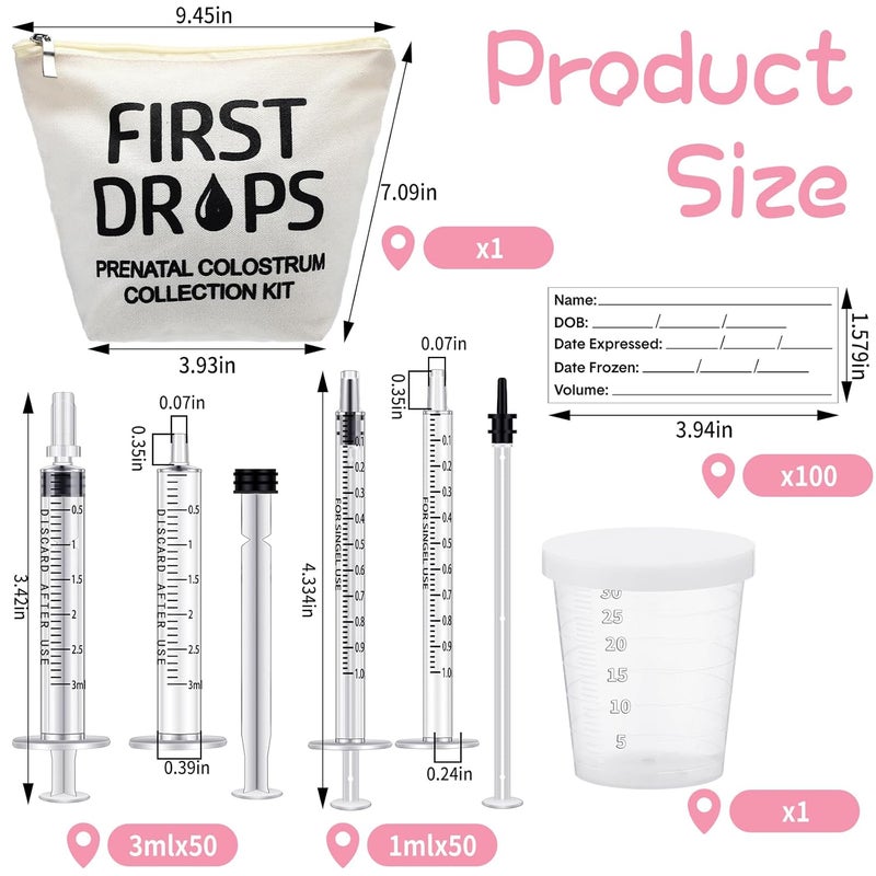 Geiserailie 100 Set Colostrum Collector Kit Include 100 1ml 3ml Sterile Sealed Breast Milk Collector No Needle Colostrum Syringes 100 Stickers 1 Measuring Cup Collection 1 White Canvas Bag - Image 2