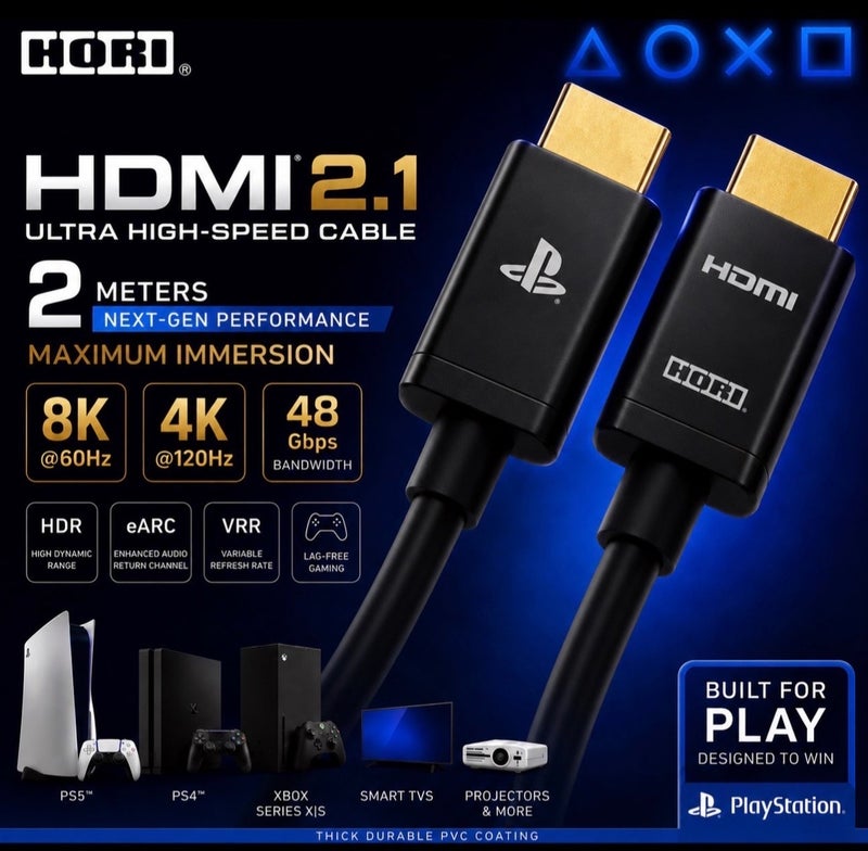 هوري كابل HDMI 2.1 فائق السرعة للغاية لأجهزة PS5 / PS4 وXbox والتلفزيونات الذكية | كابل HDMI للألعاب بدقة Ultra HD بطول 2 متر يدعم 8K@60Hz و4K@120Hz | يدعم HDR وeARC وVRR بعرض نطاق 48 جيجابت في الثانية | أداء متين وخالٍ من التأخير - Image 2