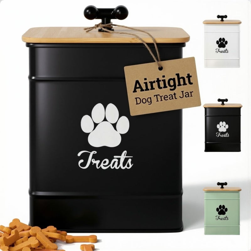 HB Design Co. Dog Treat Container Airtight - 6 Inch Wide x 8 Inch Tall Iron Dog Treat Jar for Kitchen Counter with Airtight Bamboo Lid - 12 Cup Capacity Pet Treat Container - Doggie Cookie Jar - Big Treats Canister - Image 1