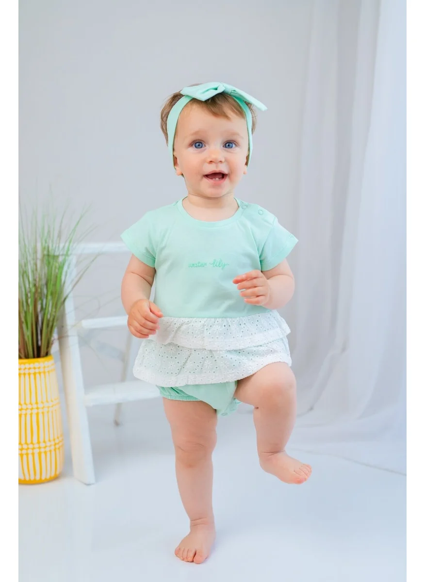 Mininio Baby Girl Water Lily Scalloped Bodysuit and Hairband Set (3-24 MONTHS)