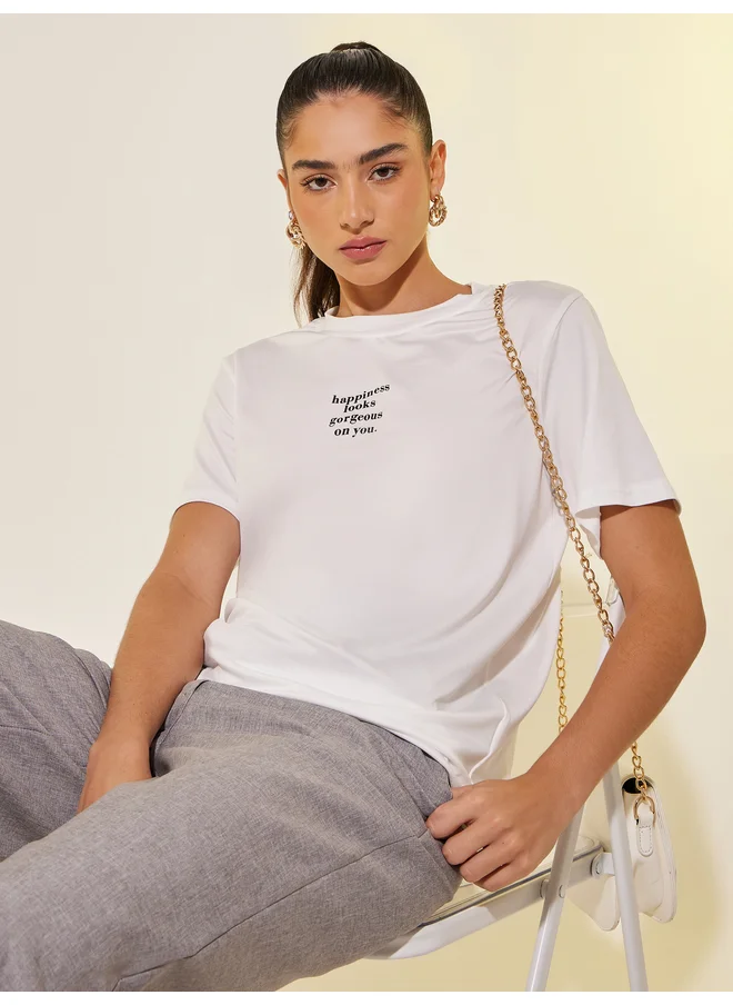 تايك تو Take Two Slogan Print Round Neck Regular Fit T-Shirt