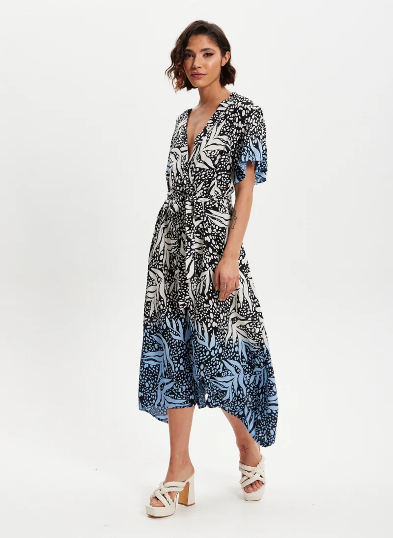 Liquorish TROPICAL PRINTED BLUE DIP DYE WRAP DRES