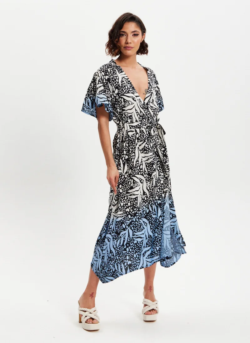 Liquorish TROPICAL PRINTED BLUE DIP DYE WRAP DRES