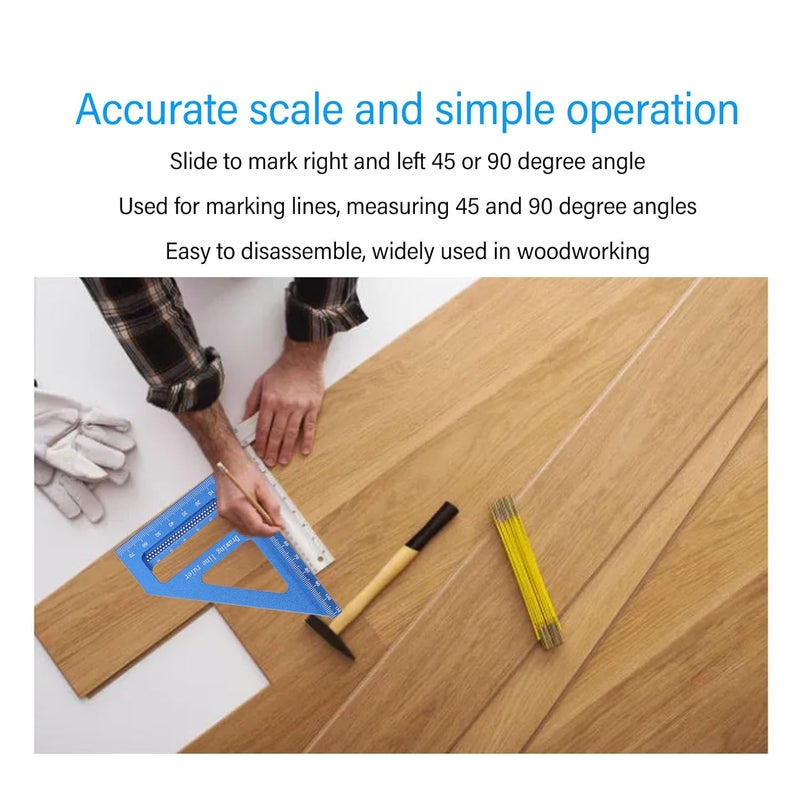 3D Multi Angle Measuring Ruler, Aluminum Alloy Woodworking Square Protractor, 45 and 90 Degree Miter Triangle Ruler with Accurate Scale for Woodworking, DIY, Carpentry and Pipe MEA (Blue) - Image 5