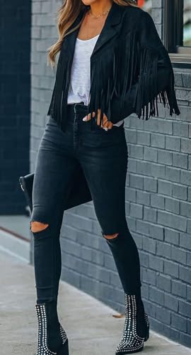Bibowa Faux Leather Jackets For Women Trendy Cowgirl Outfits Fall Western Fringe Cropped Jacket 2026 Tassel Motorcycle Crop Coats Winter Black Xl - Image 3