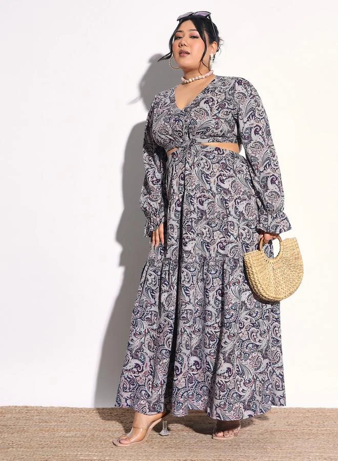 SASSAFRAS Plus Size Blue Paisley Maxi Dress with Cutouts