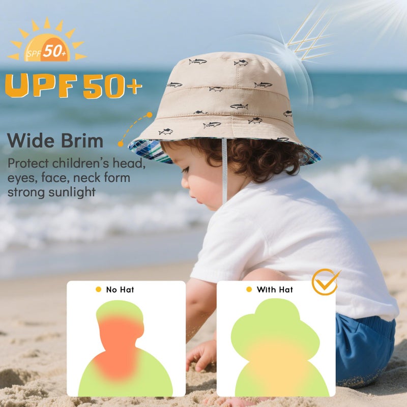 Durio Baby Bucket Sun Hat Toddler Hats Boys Summer Sun Hats for Kids Beach Hat 2Pack Beige/Blue 6-12 Months - Image 2