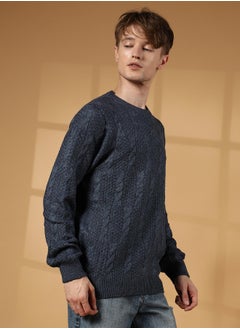 Campus Sutra Men's Navy Blue Twist-Knit Pullover Sweater  - Image 3