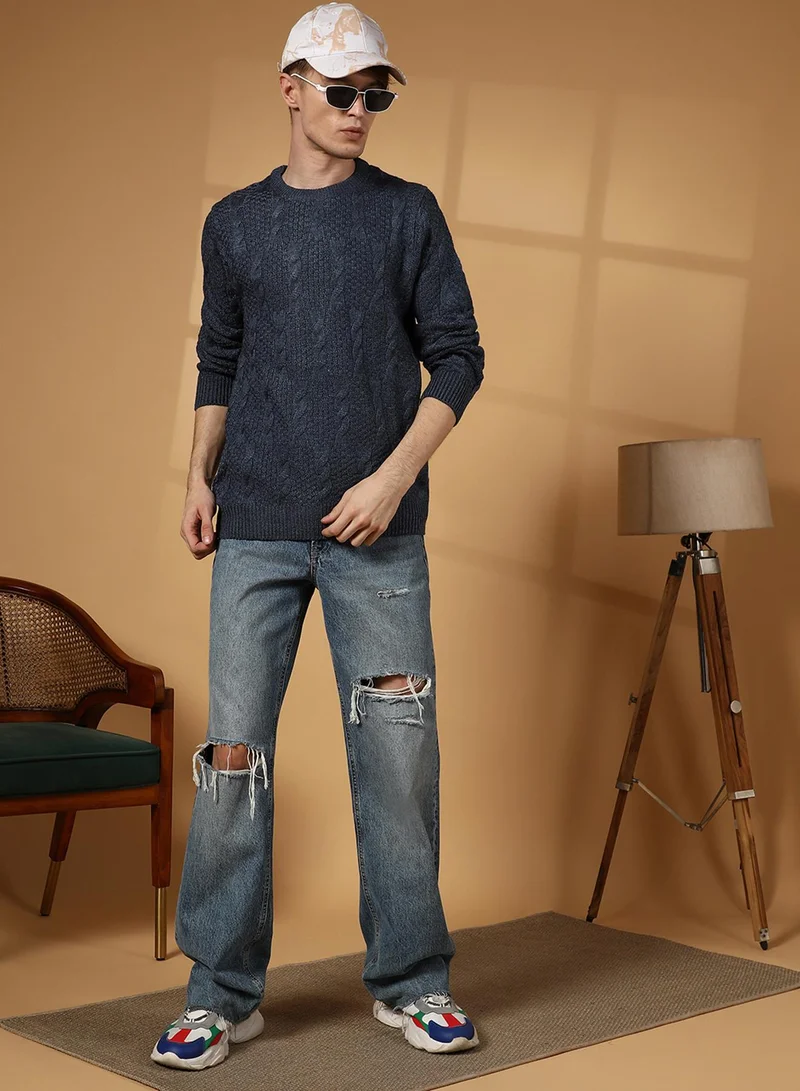 كامبوس سوترا Men's Navy Blue Twist-Knit Pullover Sweater