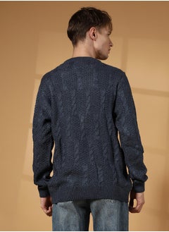 Campus Sutra Men's Navy Blue Twist-Knit Pullover Sweater  - Image 5