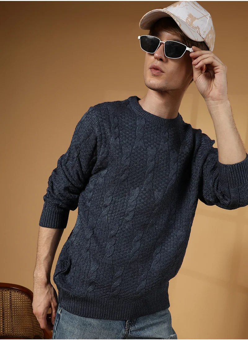 كامبوس سوترا Men's Navy Blue Twist-Knit Pullover Sweater