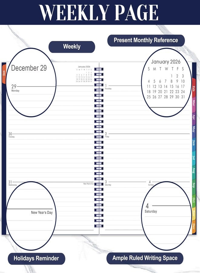 Vondafe 2026 Planner - 2026 planner weekly and monthly, Jan.2026-Dec.2026, 9"×11", Planner 2026 Weekly and Monthly Planner with Inner Pocket, Colorful Tabs, Twin-wire Binding - Navy - Image 3