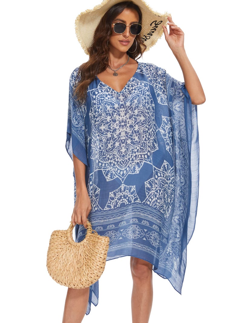 Moss Rose Women's Swimsuit Cover up Beach Kaftan for Bathing Suit with Floral Pattern Blue - Image 1