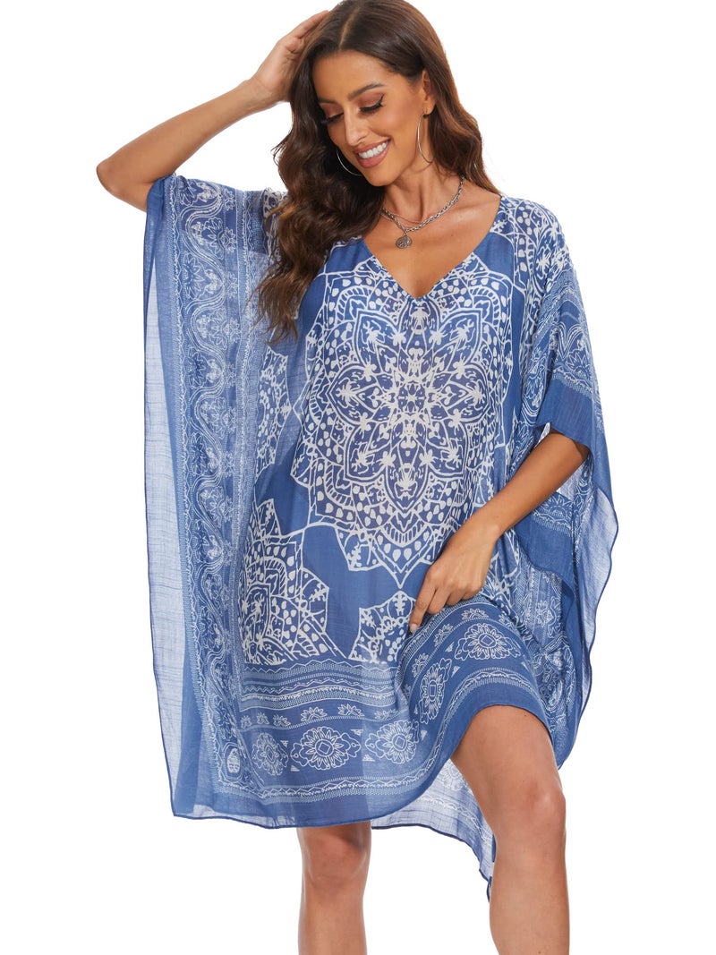 Moss Rose Women's Swimsuit Cover up Beach Kaftan for Bathing Suit with Floral Pattern Blue - Image 2