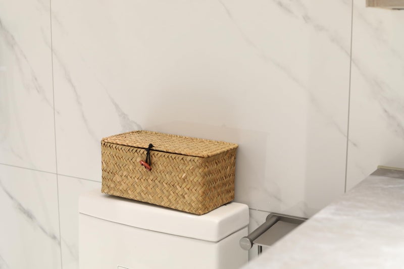 DOKOT Rectangular Handwoven Seagrass Small Storage Basket with Lid for Shelves and Home Organizer Bins,S (10.2"x5.5"x4.3"H), Yellow - Image 2