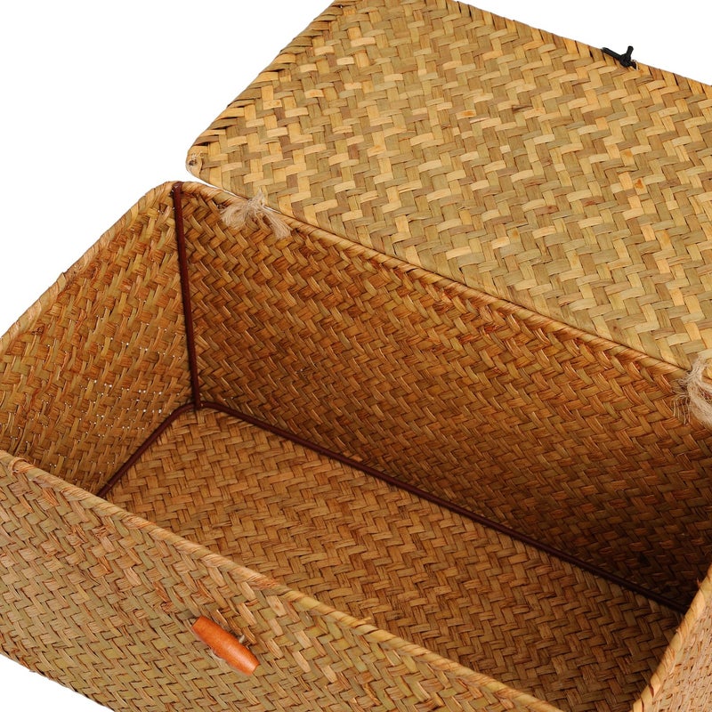 DOKOT Rectangular Handwoven Seagrass Small Storage Basket with Lid for Shelves and Home Organizer Bins,S (10.2"x5.5"x4.3"H), Yellow - Image 5