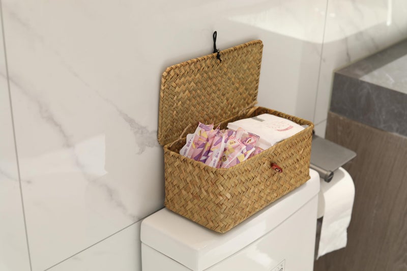 DOKOT Rectangular Handwoven Seagrass Small Storage Basket with Lid for Shelves and Home Organizer Bins,S (10.2"x5.5"x4.3"H), Yellow - Image 1