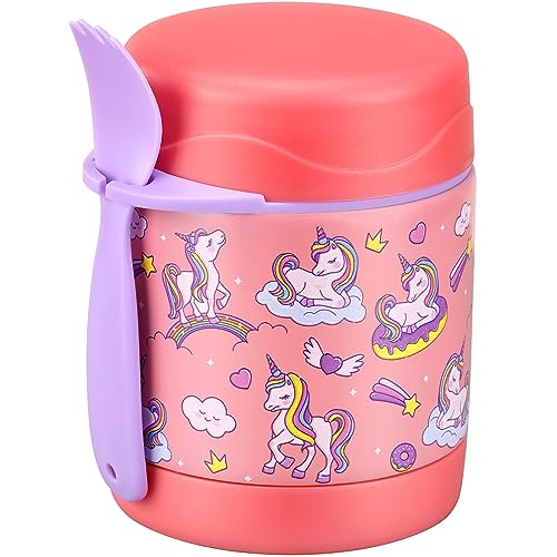 Howeemo Kids' Lunch Insulated Food Jar with Spoon - 10oz Stainless Steel, Leak Proof, Wide Mouth, Hot Food Thermo for School (Pink, Unique Horse) - Image 1
