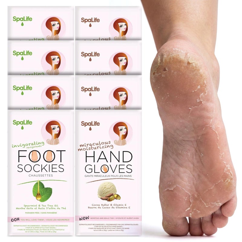 SpaLife Moisturizing Hand Gloves & Foot Mask Socks | Korean Skincare Set for Dry Cracked Hands & Dry Cracked Feet Callus Remover Alternative | Self Care Gifts for Women | 4 Hand, 4 Foot - Image 1