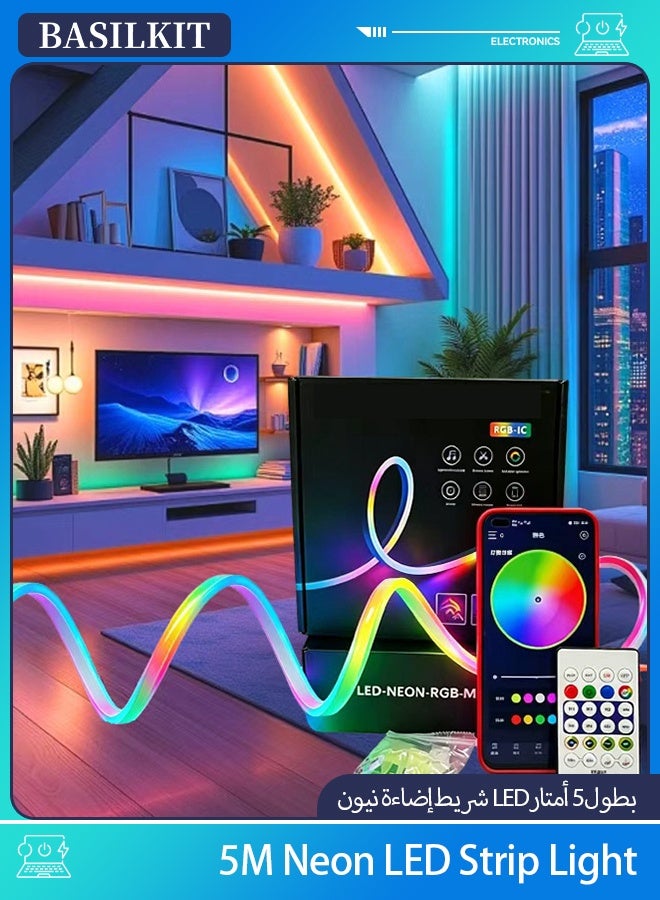 BASILKIT 5 Meter Neon LED Strip Light , RGB Light Strip, Music Sync, App & Remote Control, Smart Home LED Lights, Flexible Neon Rope For Diy Home Decor, Gaming Room, Bedroom, Tv Backlight, Ramadan Decor - Image 1