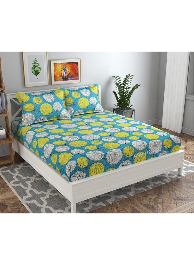 BSB HOME - BSB HOME Premium Cotton Elastic Fitted Bedsheets with 2 King Size Pillow Covers | Double Bed with All Around Elastic 180 TC Supersoft | Size - 72 King Sizex78+10 inches | Green and White Small Circle - Image 1