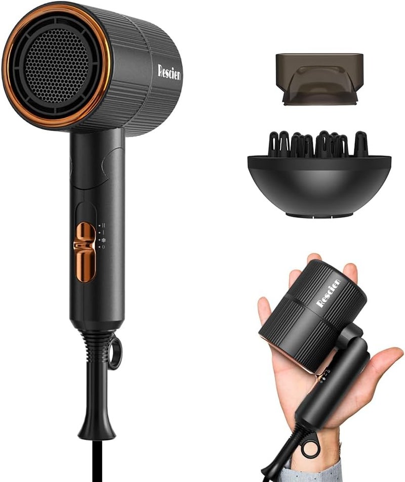 Rescien hair dryer - 10 x 7 x 19cm/250g, hair dryer ions 2000W - small & foldable & 2026 new, travel hair dryer with styling nozzle & diffuser, quick-drying travel hair dryer, salon hair dryer silent - Image 1