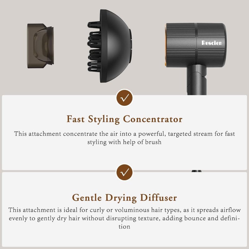 Rescien hair dryer - 10 x 7 x 19cm/250g, hair dryer ions 2000W - small & foldable & 2026 new, travel hair dryer with styling nozzle & diffuser, quick-drying travel hair dryer, salon hair dryer silent - Image 5