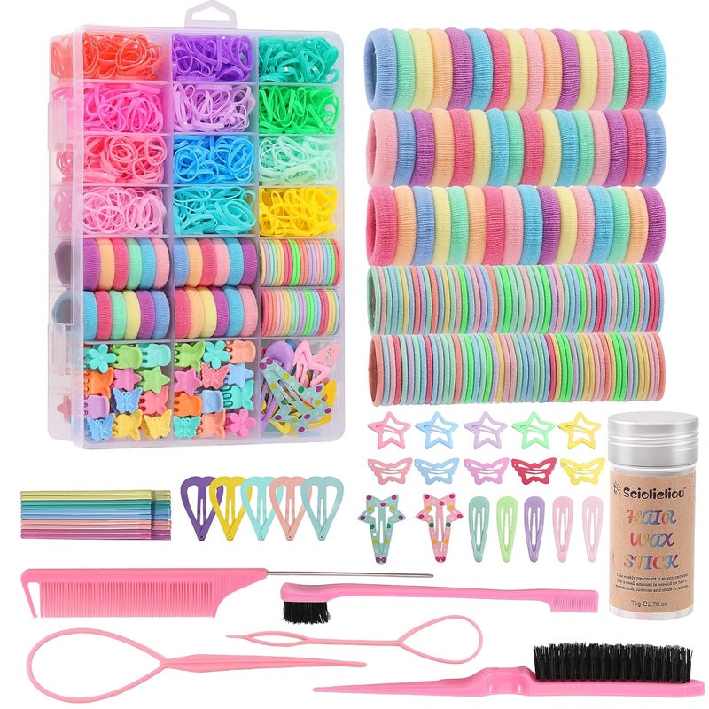 Seiolieliou Hair Accessories for Girls, 1350P Colorful Hair Ties Set with 72P Hair Clips, Bobby Pins for Toddlers, Hair Wax Stick, Butterfly Hair Clips for Kids, Hair Barrettes with Hair Comb Set & Organizer Box
