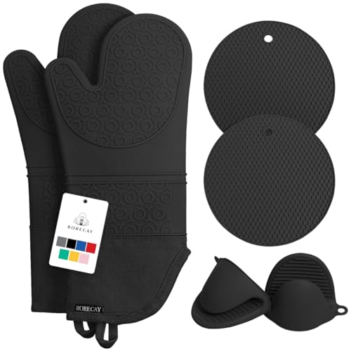 Rorecay 6pcs Oven Mitts and Pot Holders Sets Heat Resistant 500 Degrees, Extra Long and Non-Slip Silicone Oven Gloves Potholders Hot Pads for Kitchen Baking Cooking, Quilted Liner, Black - Image 1