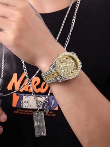 SENRUD Men's Diamond Watch Fashion Crystal Rhinestone Quartz Analog Watch Iced-Out Bracelet Wrist Watch (Two Tone/White) - Image 2