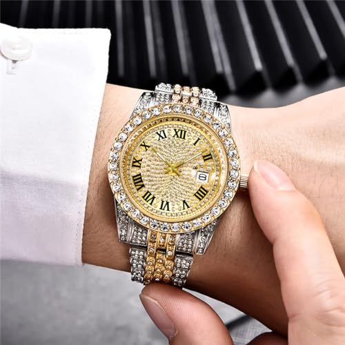 SENRUD Men's Diamond Watch Fashion Crystal Rhinestone Quartz Analog Watch Iced-Out Bracelet Wrist Watch (Two Tone/White) - Image 4