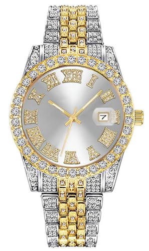 SENRUD Men's Diamond Watch Fashion Crystal Rhinestone Quartz Analog Watch Iced-Out Bracelet Wrist Watch (Two Tone/White) - Image 1