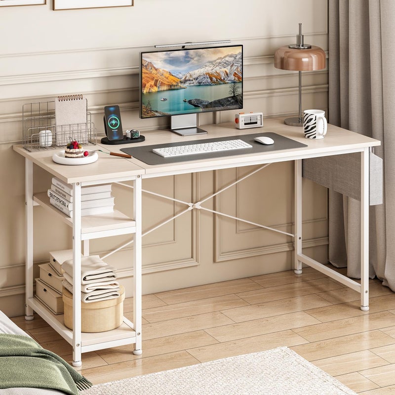 JANTENS Freeze crack proof Gaming Computer Desk With Storage Bag, Large Office Table with 2 Storage Shelves, Study Workstaion with CPU Stand, PC Desk for Home Office, Bedroom, Gaming Room (Beige) Home & professional compatible - Image 1