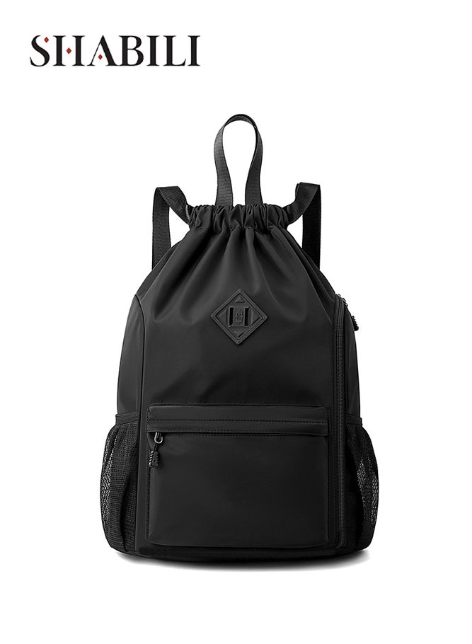 SHABILI Men's/Women's Gym Sack, Oxford Cloth Water-Repellent Back Bag Sports Bag with Mesh Pockets, Large Capacity Drawstring Backpack for School Travel and Hiking, Sports Bag for Teens and Gym Bag(Black) - Image 1