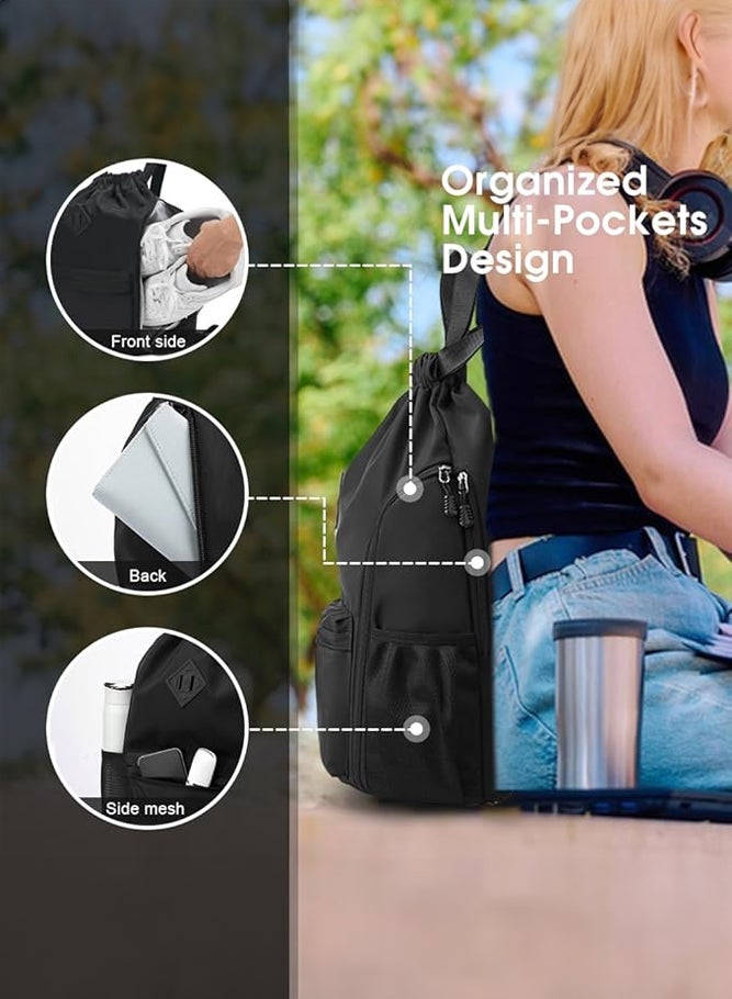 SHABILI Men's/Women's Gym Sack, Oxford Cloth Water-Repellent Back Bag Sports Bag with Mesh Pockets, Large Capacity Drawstring Backpack for School Travel and Hiking, Sports Bag for Teens and Gym Bag(Black) - Image 3