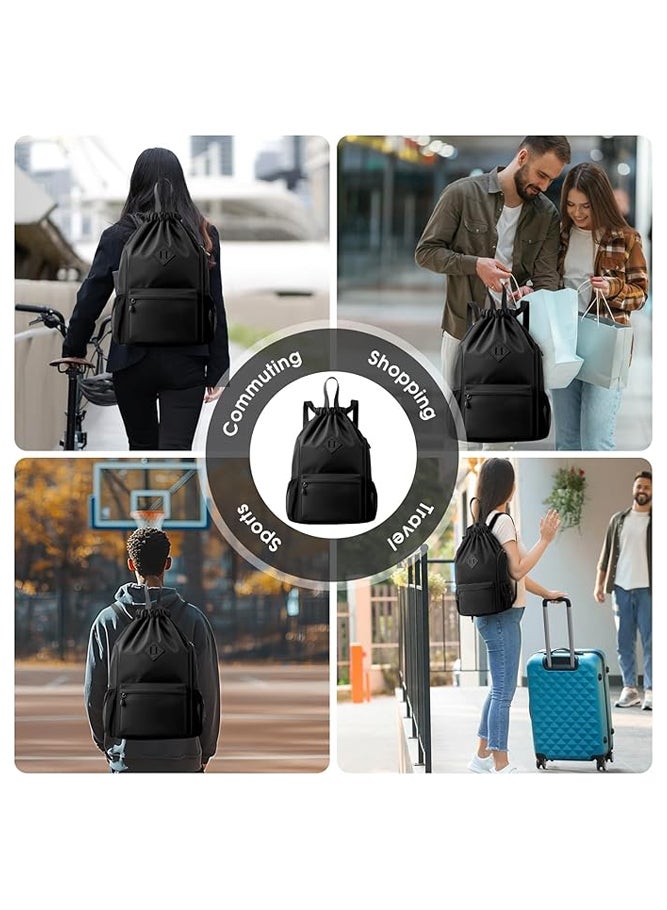 SHABILI Men's/Women's Gym Sack, Oxford Cloth Water-Repellent Back Bag Sports Bag with Mesh Pockets, Large Capacity Drawstring Backpack for School Travel and Hiking, Sports Bag for Teens and Gym Bag(Black) - Image 5