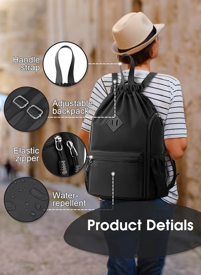 SHABILI Men's/Women's Gym Sack, Oxford Cloth Water-Repellent Back Bag Sports Bag with Mesh Pockets, Large Capacity Drawstring Backpack for School Travel and Hiking, Sports Bag for Teens and Gym Bag(Black) - Image 2
