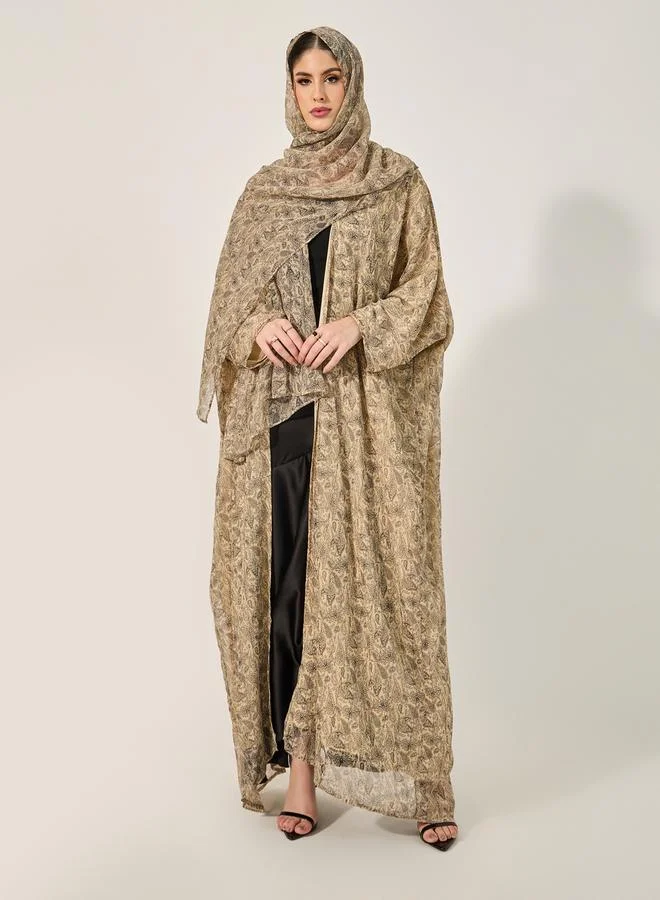 Styli all over paisley print batwing sleeve abaya with full lining on body and on sleeve and matching scarf
