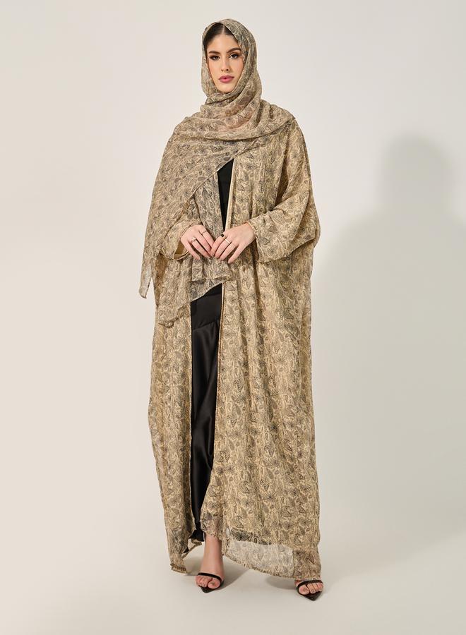 Styli all over paisley print batwing sleeve abaya with full lining on body and on sleeve and matching scarf - Image 4