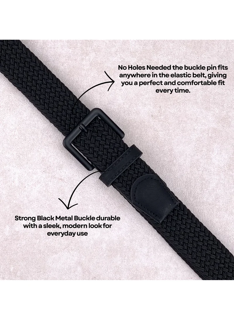 Classic Milano Black (DWE-312) Classic Milano Braided Cotton Elastic Stretch Belt for Men & Women, Woven Canvas Web Belt with Gift Box, Adjustable Men's Belt | Full Length: 110CM (Free Size - Fits up to the waist of 40 Inches / 100 CM)  | Best Price UAE