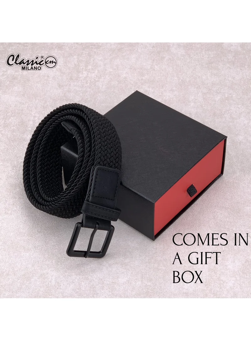 Classic Milano Black (DWE-312) Classic Milano Braided Cotton Elastic Stretch Belt for Men & Women, Woven Canvas Web Belt with Gift Box, Adjustable Men's Belt | Full Length: 110CM (Free Size - Fits up to the waist of 40 Inches / 100 CM)  | Best Price UAE