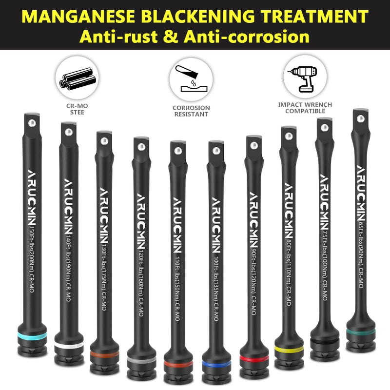 ARUCMIN 1/2" Drive Torque Limiting Extension Bar Set, 10-Piece Lug Nut Torque Stick Set With 8 Inch Color-Coded 65 to 150 Ft-Lbs Torque Sticks - Image 5