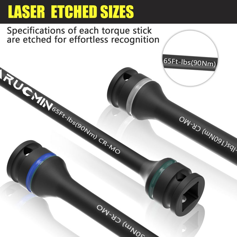 ARUCMIN 1/2" Drive Torque Limiting Extension Bar Set, 10-Piece Lug Nut Torque Stick Set With 8 Inch Color-Coded 65 to 150 Ft-Lbs Torque Sticks - Image 4